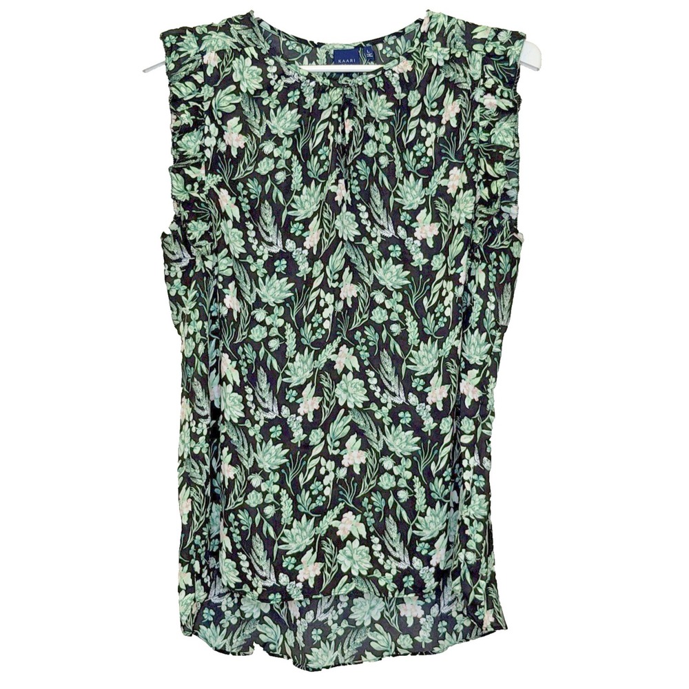Kari‎ Blue Tunic Top Womens Size Large Black Green Floral Sleeveless Ruffle Trim